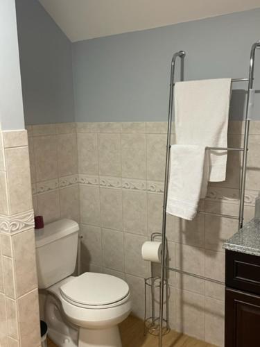 波士顿Comfortable loft with private bathroom的浴室配有白色卫生间和淋浴。