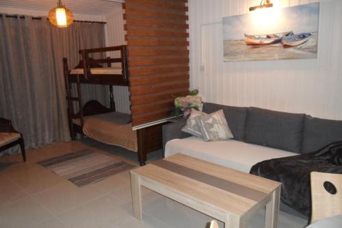 阿依纳帕Apartment Ground Floor, FREE INTERNET的带沙发和双层床的客厅