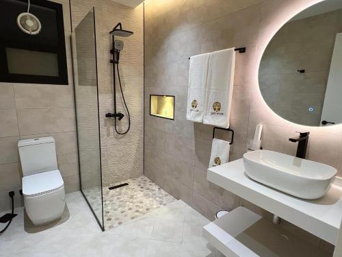八田Quiet House villa的浴室配有卫生间、盥洗盆和淋浴。