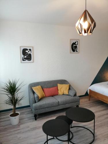 埃鲁维尔圣克莱Orion - SILS Coquet studio proche des commodités et transports的客厅配有沙发和2张桌子