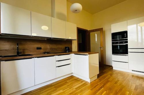 布拉格Apartment Holesovice, garden, garage的厨房铺有木地板,配有白色橱柜。