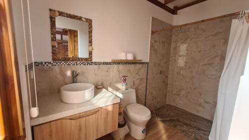 曼塔Intiquilla Hotel的一间带卫生间、水槽和镜子的浴室