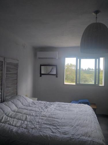吉亚迪诺镇Sierras de Paz的一间卧室设有一张大床和一个窗户。