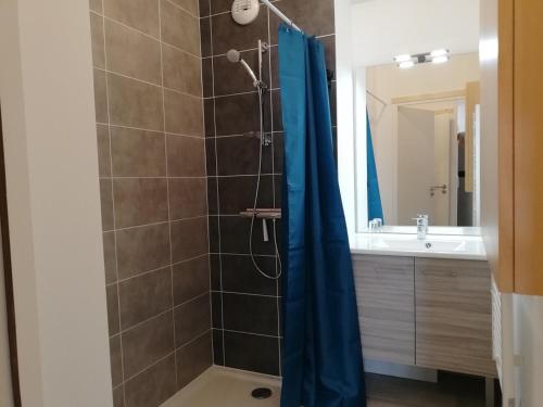 艾姆拉普拉涅Appartement La Plagne-Tarentaise, 3 pièces, 6 personnes - FR-1-351-119的一间带蓝色淋浴帘的淋浴的浴室