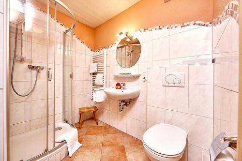 米滕瓦尔德爱普玫瑰酒店的浴室配有卫生间、盥洗盆和淋浴。