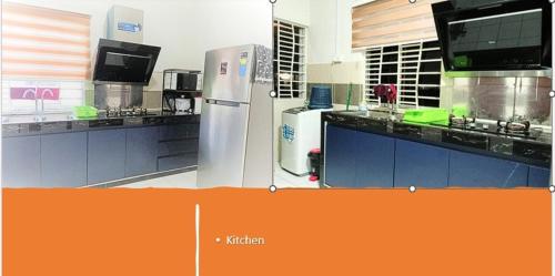 米里A&W Homestay, Vista Perdana, Miri的厨房配有白色冰箱和蓝色橱柜