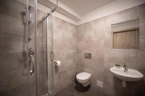 克拉科夫费利克斯酒店的带淋浴、卫生间和盥洗盆的浴室