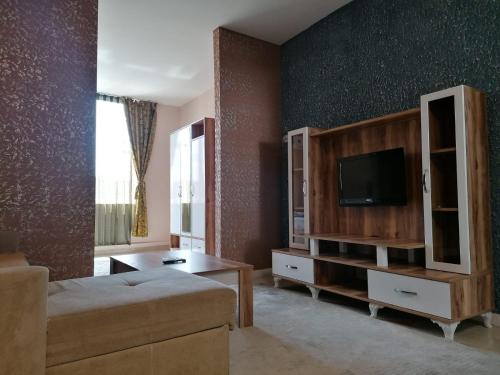 安塔利亚Aziz Konaklama的带沙发和电视的客厅