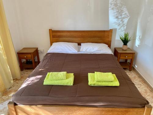 帕福斯Moutallos Rooms Inn Homes的床上有两条绿色毛巾