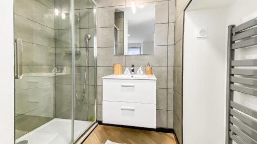 福龙河畔拉罗什HOMEY SNOW - Proche Gare - Balcon privé - Wifi的带淋浴、盥洗盆和镜子的浴室