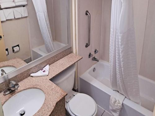 卡顿斯维尔Suites Catonsville MD Baltimore West的一间带水槽、卫生间和淋浴的浴室
