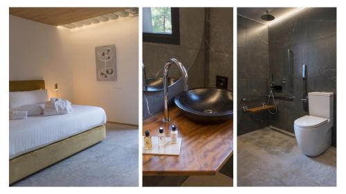 纳瓦塞拉达BOX ART ALPINO的浴室的两张照片,配有一张床和一个浴缸