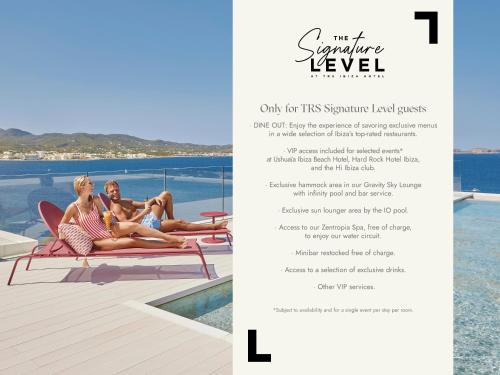 圣安东尼奥The Signature Level at TRS Ibiza Hotel All Inclusive Adults Only的一张传单,供两个女人坐在游泳池边的度假胜地使用