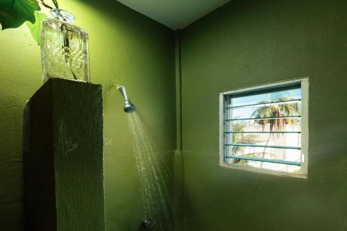 莫雷洛斯港Hostal Cuca Macuca的绿色浴室设有淋浴和窗户
