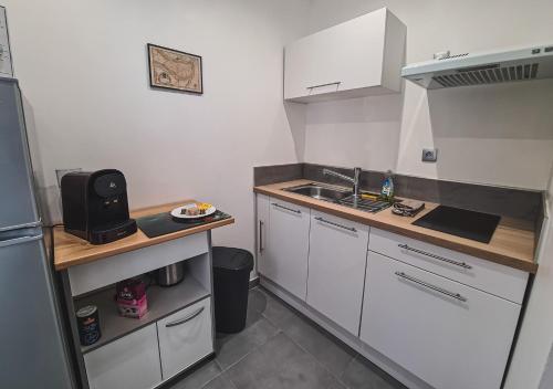 普瓦捷Appart Saint Cyprien + Parking privatif的小厨房配有白色橱柜和水槽