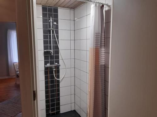 科科拉Willa Witsari 65m2 asunto的浴室铺有黑白瓷砖,配有淋浴