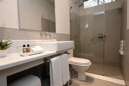 伊瓜苏Sanma Hotel的一间带水槽、卫生间和淋浴的浴室
