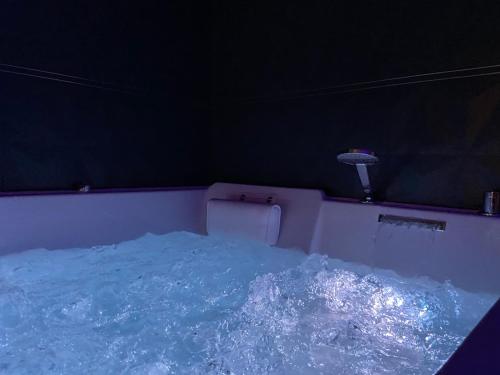 Privilège Spa, jacuzzi & Sauna的配有蓝色水和淋浴的浴缸