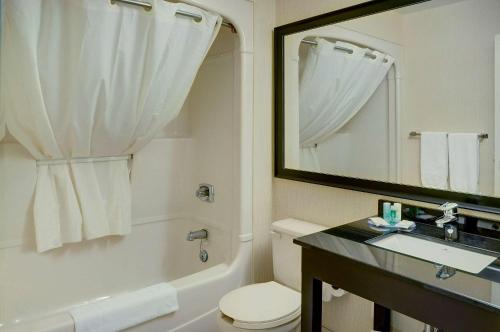 魁北克市机场东部康福特茵酒店的一间带卫生间、水槽和镜子的浴室