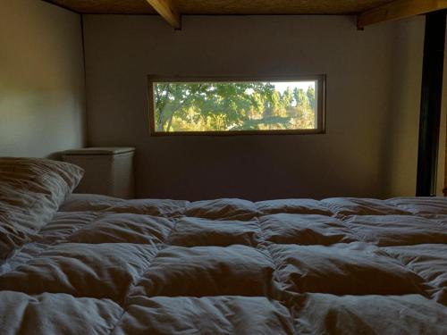 科伊艾科Tiny House, Cabaña的窗户客房内一张未铺床