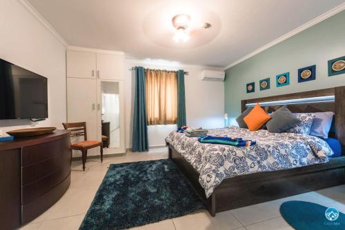 棕榈滩Aruba Condo The Pearl - At Eagle Beach - minute walk!的一间卧室配有一张大床和电视