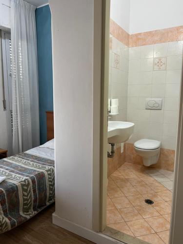 里米尼斯特拉意大利亚酒店的一间带床、水槽和卫生间的浴室