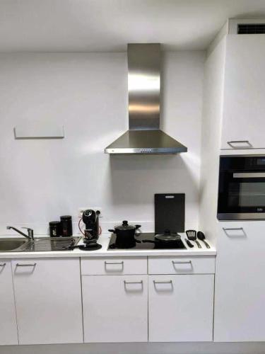 布鲁塞尔BRUSSELS EXPO APARTMENT的白色的厨房配有炉灶和微波炉。