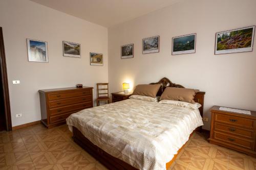比耶拉Appartamento vista Alpi biellesi的一间卧室配有一张床,墙上挂着一些图片