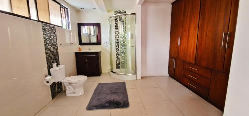 MacasTU CASA EN MACAS的一间带卫生间和玻璃淋浴间的浴室