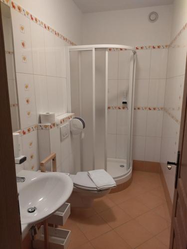 伊赫拉瓦Penzion Joštovka的带淋浴、卫生间和盥洗盆的浴室