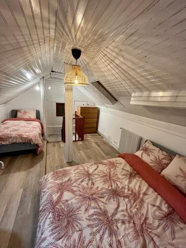 GagnySuper appartement chaleureux à 30min de Paris的一间卧室配有两张床和吊灯。