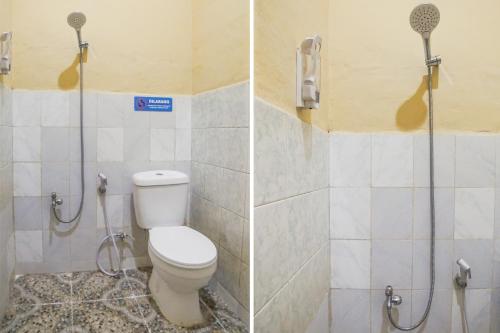 SunggalSUPER OYO 92075 Sky Residence Mawar的浴室设有卫生间和淋浴,两幅图片