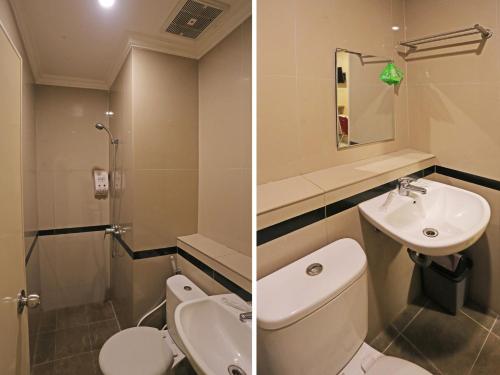 塞尔蓬Super OYO Townhouse OAK Hotel Fiducia Serpong的浴室的两张照片,配有卫生间和水槽