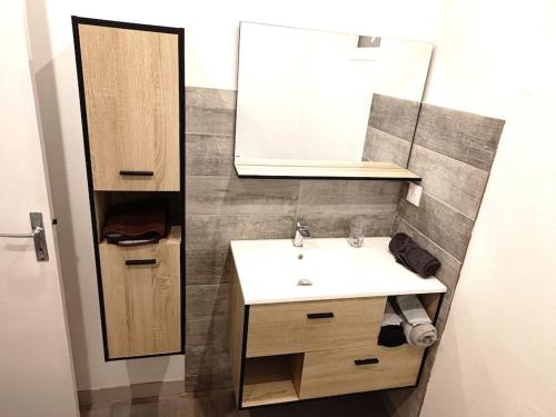 欧里亚克Maison avec extérieur et arrivée autonome - Aurillac的一间带水槽和镜子的浴室