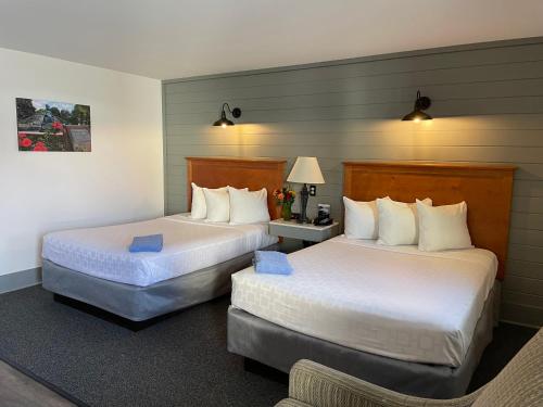 韦尔斯伯勒峡谷汽车旅馆的酒店客房,配有两张床和椅子