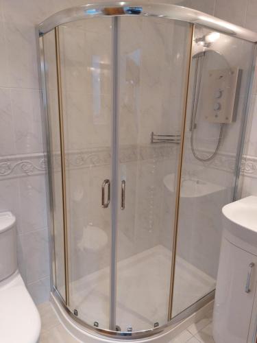 西卢港Peaceful Self-contained room near Looe的浴室里设有玻璃门淋浴