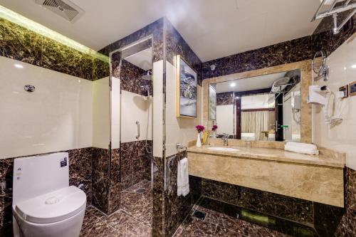 吉达Al Ertiqaa Hotel的一间带卫生间和水槽的浴室