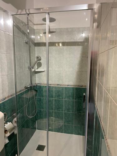 科尔丘拉Španić palace的浴室里设有玻璃门淋浴