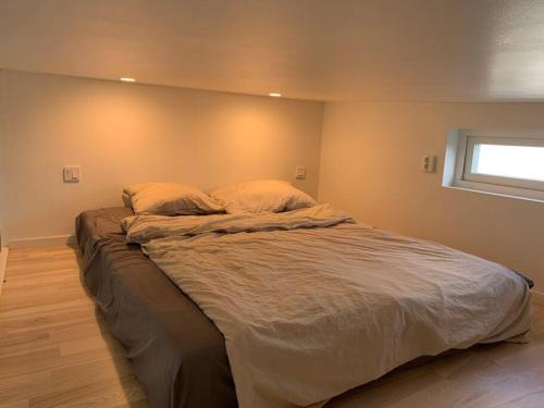 马尔默Your own 30sqm house with kitchen, sauna and loft.的卧室内的一张大床,设有窗户