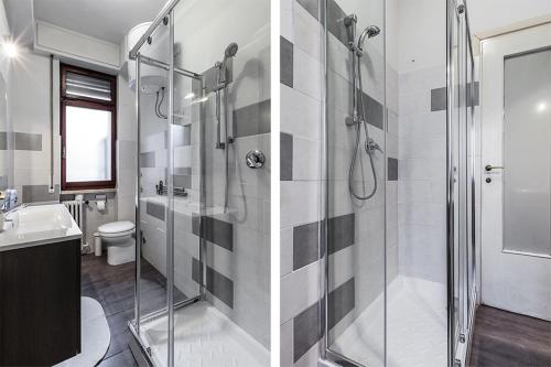 米兰MilanRentals - Vigliani Apartments的带淋浴、卫生间和盥洗盆的浴室