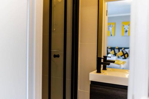 伦敦Charming Studio Retreat I1Bed1Bath Haven in London的带淋浴、盥洗盆和镜子的浴室