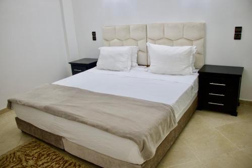 马拉喀什Magnifique Duplex à Marrakech的卧室配有一张带白色床单和枕头的大床。