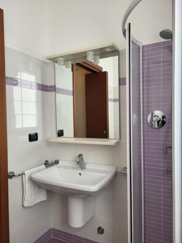特雷梅佐Residence Belvedere Apartment Bolvedro的一间带水槽和镜子的浴室