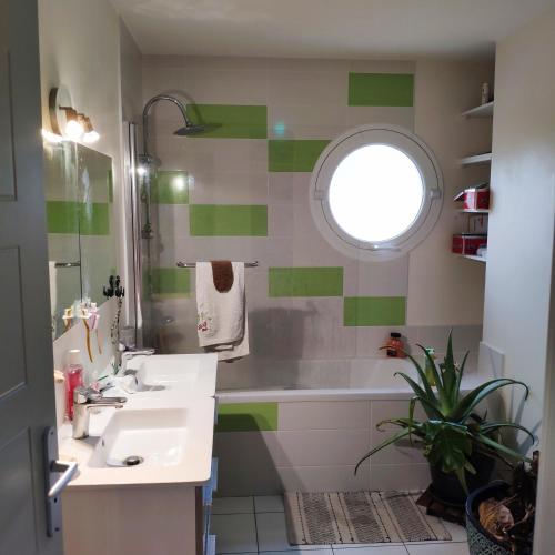 勒芒GRANDE CHAMBRE LUMINEUSE的一间带水槽和浴缸的浴室以及窗户。