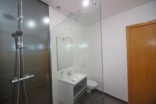 吉尔斯Apartamento Lobo - Casas Barca do Rio - Geres的带淋浴、卫生间和盥洗盆的浴室
