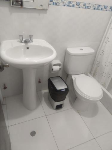 特鲁希略Ambigua Hospedaje的白色的浴室设有水槽和卫生间。