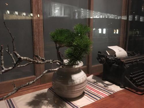 京都Azukiya的打字机旁边的花瓶,上面有植物