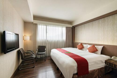 花莲市丽轩国际饭店的酒店客房设有一张大床和一台电视。