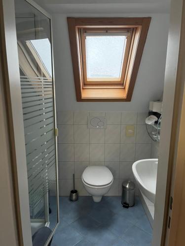 尼尔堡巴卡豪森宾馆的一间带卫生间、水槽和窗户的浴室