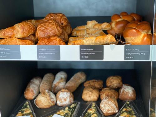 斯普赖滕巴赫Hotel Arte Spreitenbach的各种面包和糕点的展示